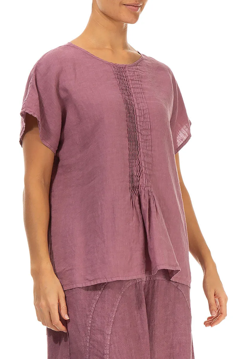 Pin-Tucked Mauve Taupe Linen Blouse