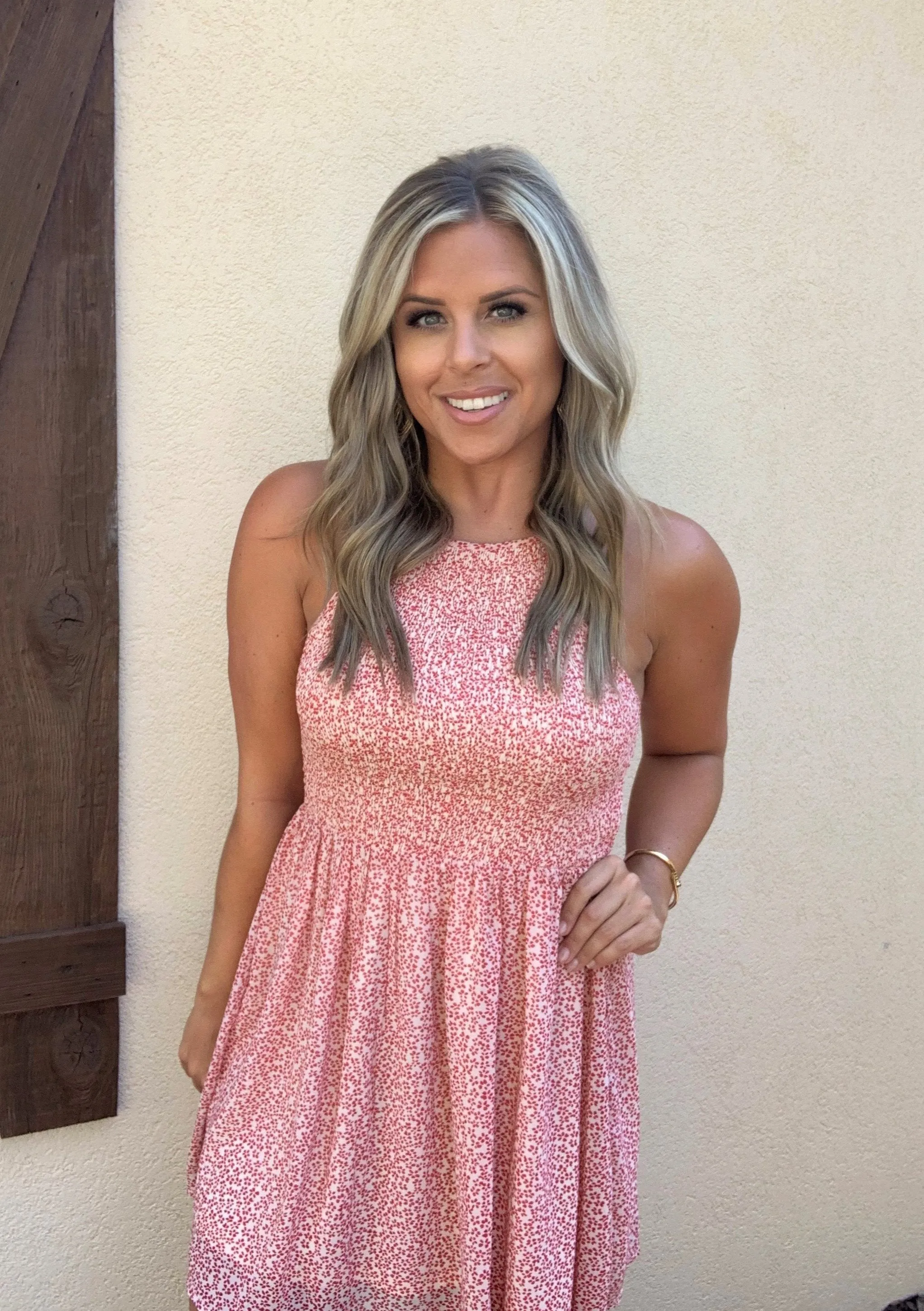 RED FLORAL HIGH NECK SMOCKED DRESS
