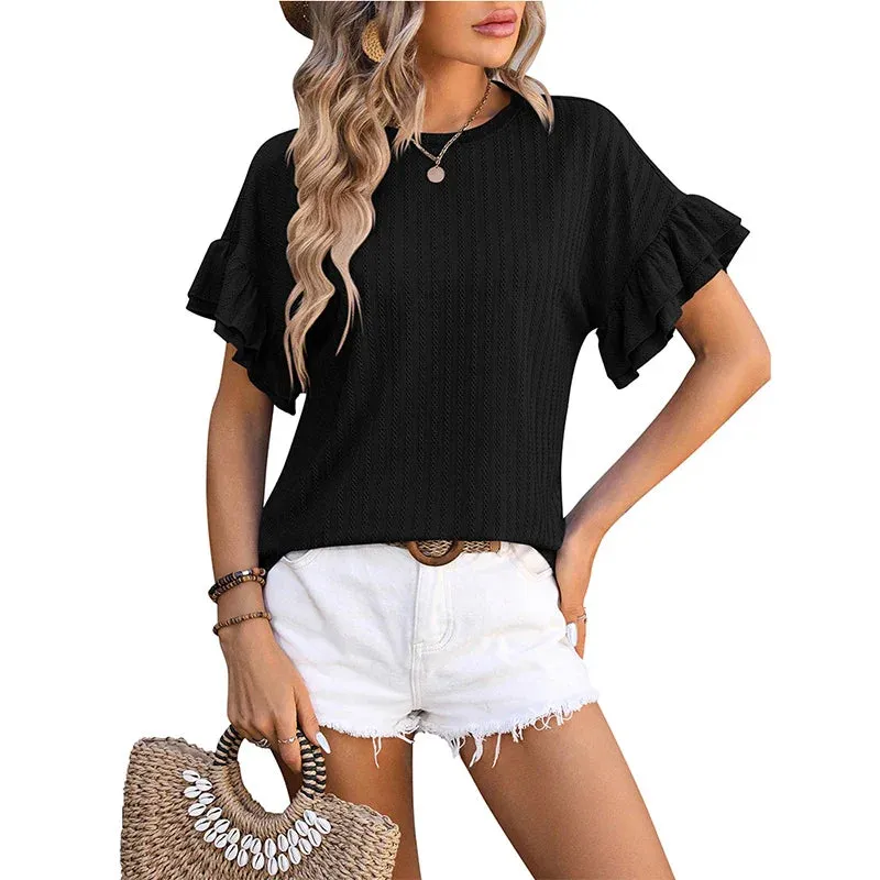 Spring Fashion New T-Shirt Ruffle Short Sleeve O Neck Casual Blouse