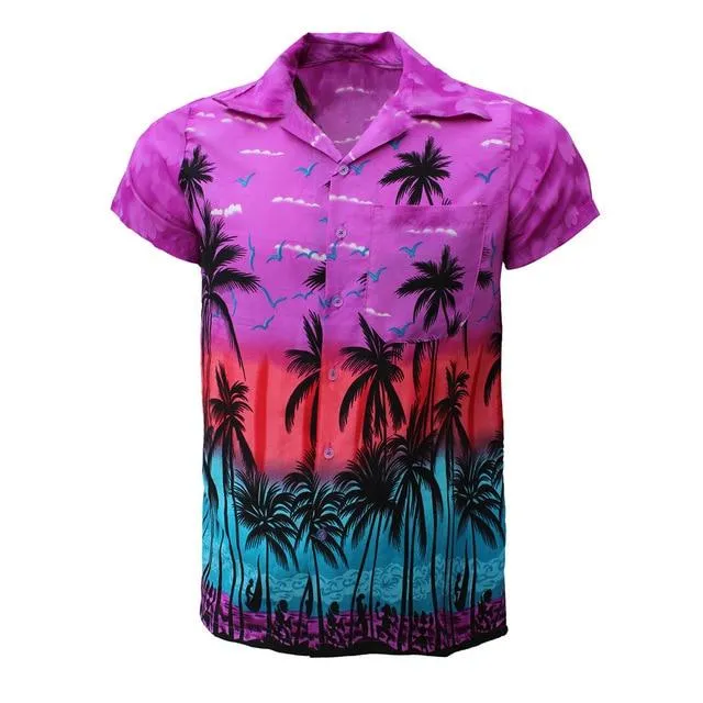 Summer Men Shirt Casual Button Hawaii Print Beach