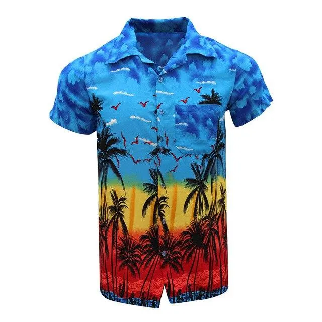 Summer Men Shirt Casual Button Hawaii Print Beach
