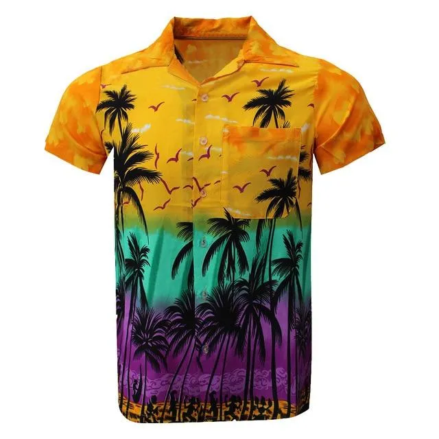 Summer Men Shirt Casual Button Hawaii Print Beach