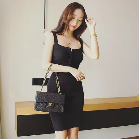 Summer Women Nightclubs Sexy Trendy Single-Breasted Bralette Low Cut Hip Flattering Knitted Cami Dress