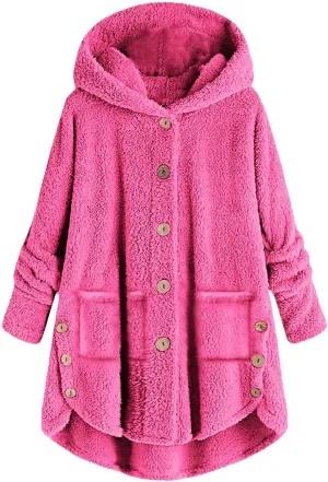 TANGNADE Dressy Winter Jackets for Women 2024 Trendy Plus Size Button Plush Hooded Loose Cardigan Wool Coat Winter Jacket