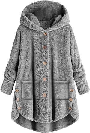 TANGNADE Dressy Winter Jackets for Women 2024 Trendy Plus Size Button Plush Hooded Loose Cardigan Wool Coat Winter Jacket