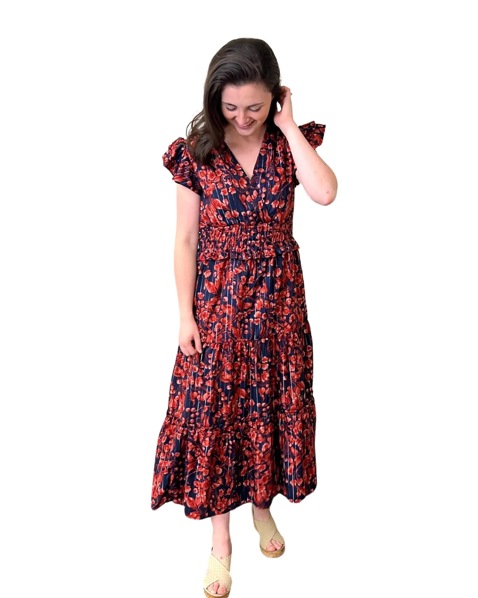 The Ryan Flutter Sleeve Dress in Navy and Red