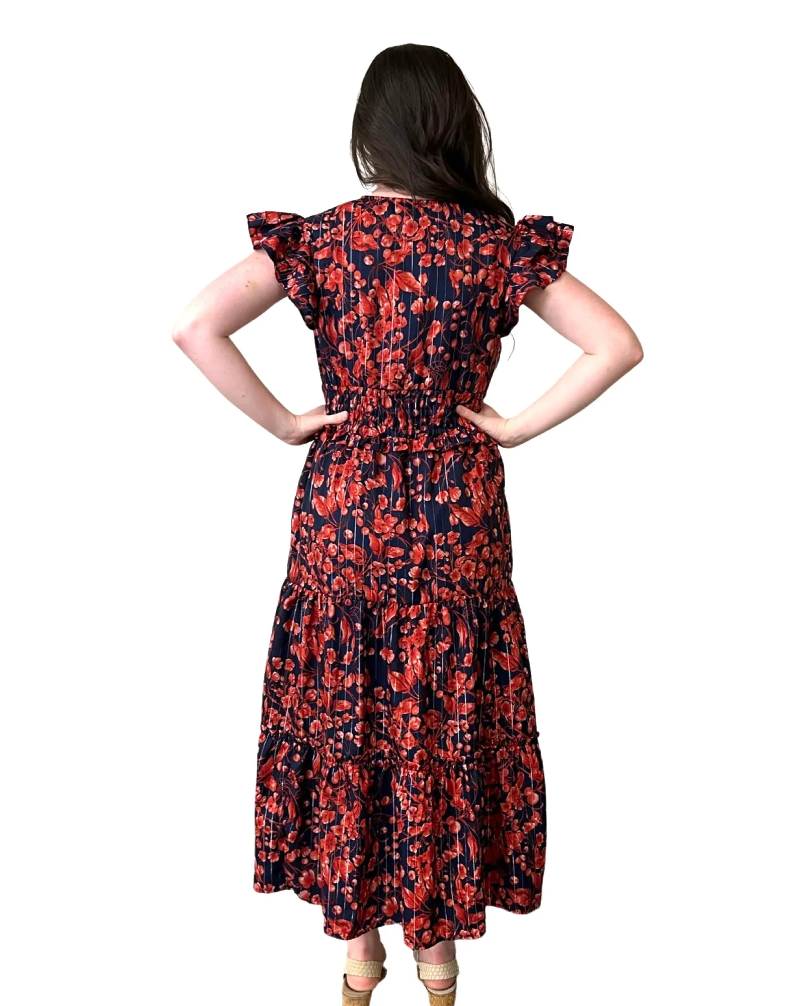 The Ryan Flutter Sleeve Dress in Navy and Red