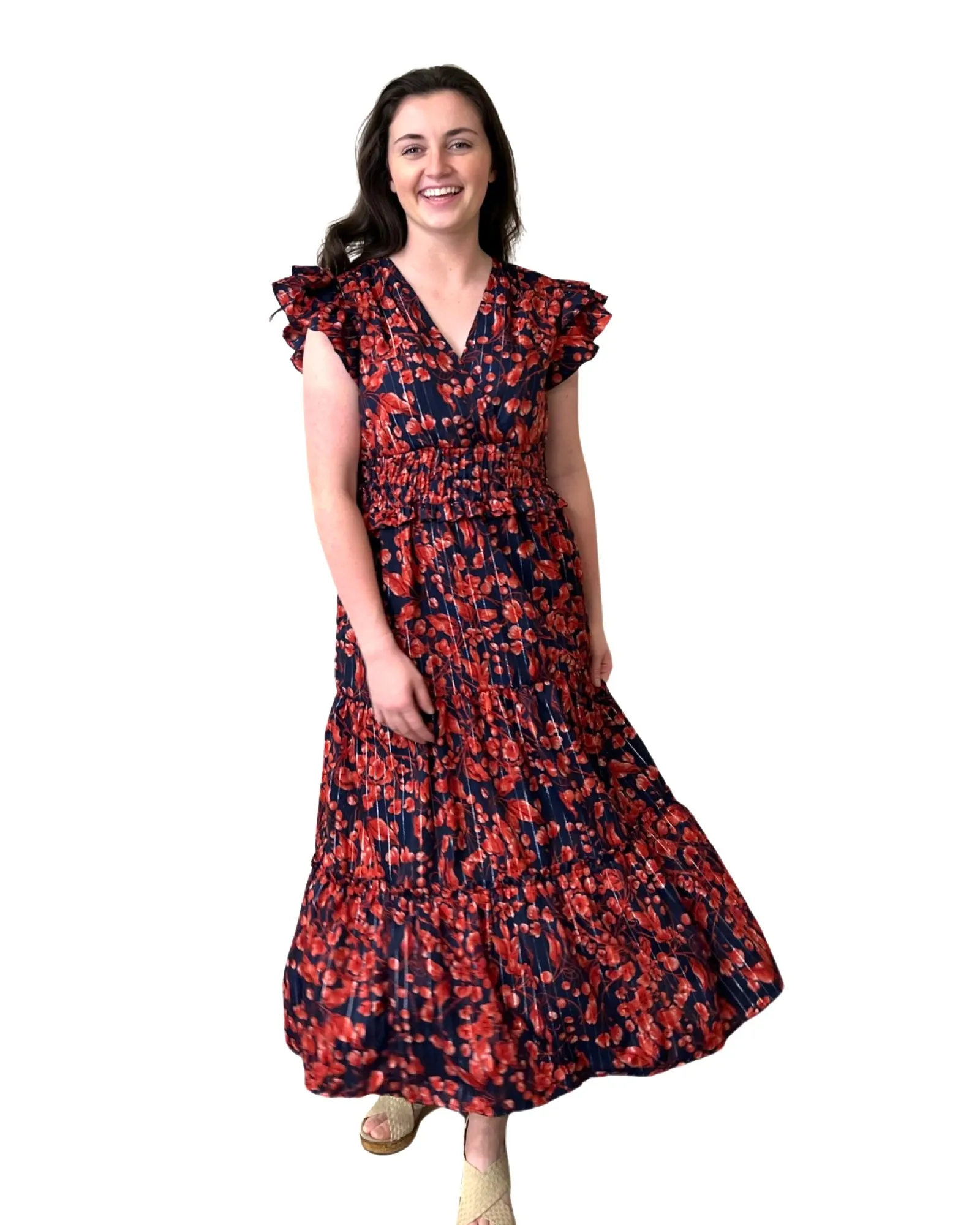 The Ryan Flutter Sleeve Dress in Navy and Red