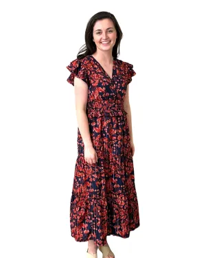 The Ryan Flutter Sleeve Dress in Navy and Red