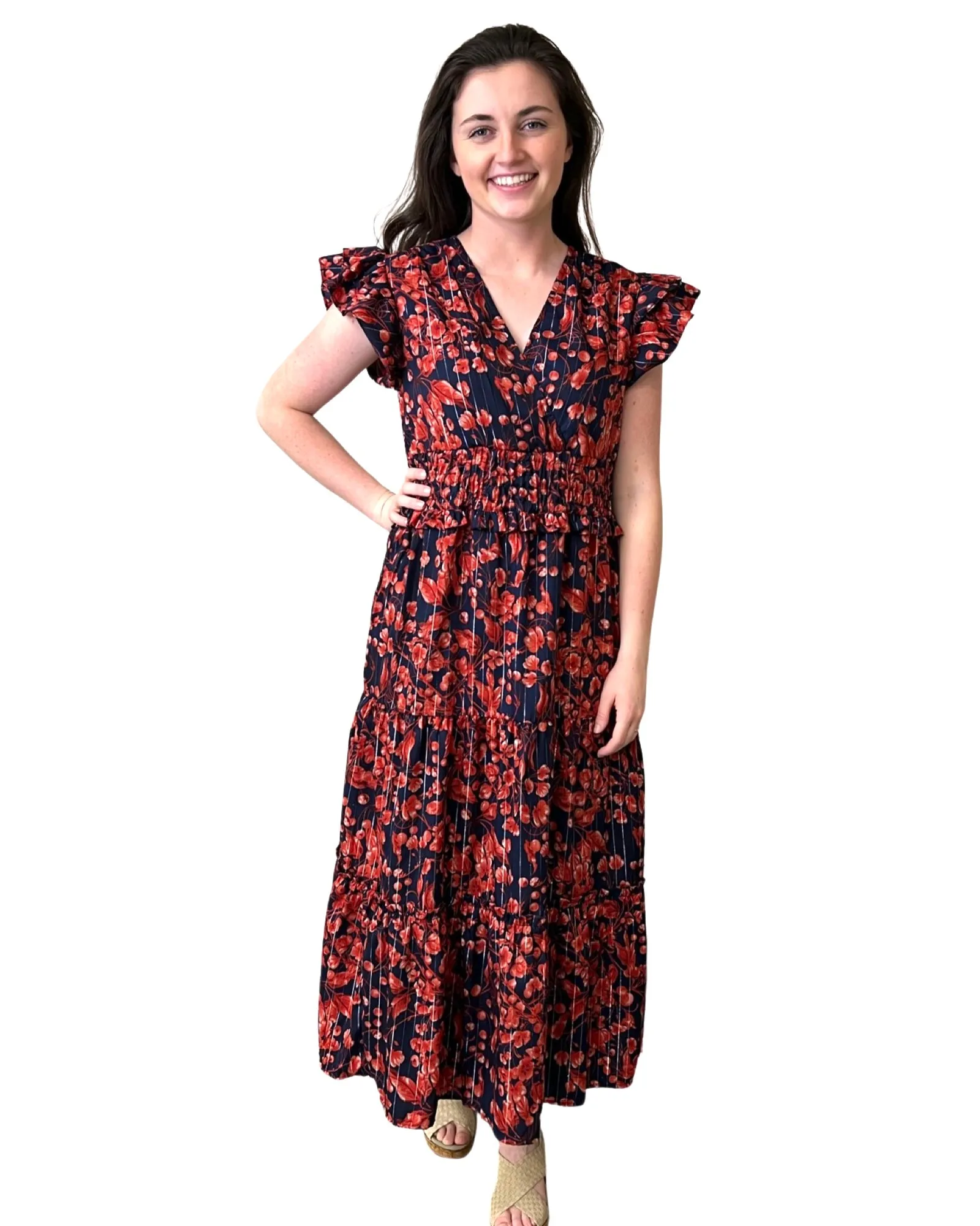 The Ryan Flutter Sleeve Dress in Navy and Red