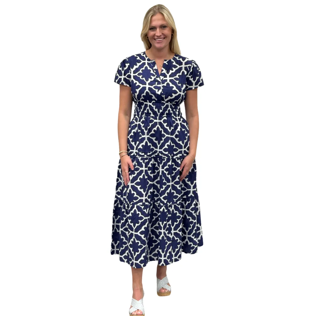 The Sydney Cinch Waist Dress in Hourglass Blue and White