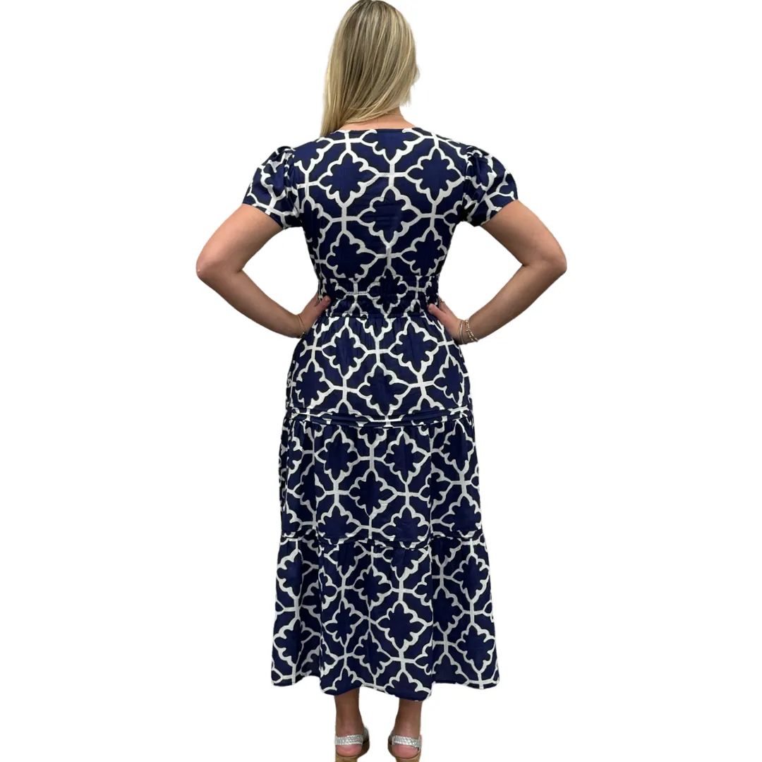 The Sydney Cinch Waist Dress in Hourglass Blue and White