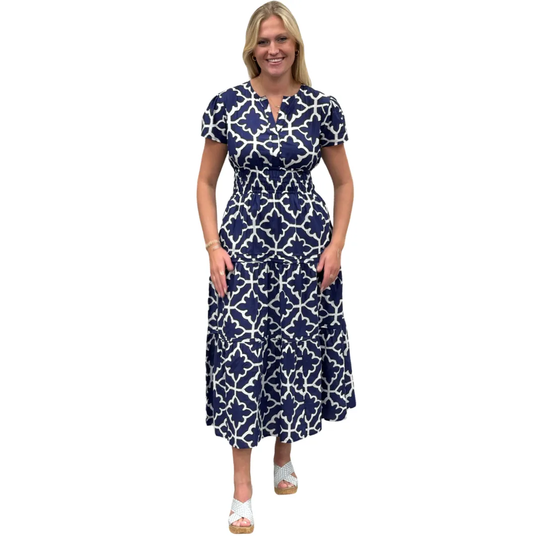 The Sydney Cinch Waist Dress in Hourglass Blue and White