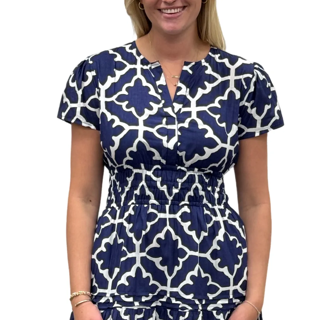 The Sydney Cinch Waist Dress in Hourglass Blue and White