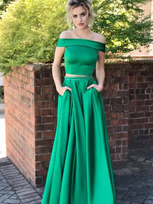 Two Pieces A-line Off the Shoulder Satin Long Prom Dresses with Pockets