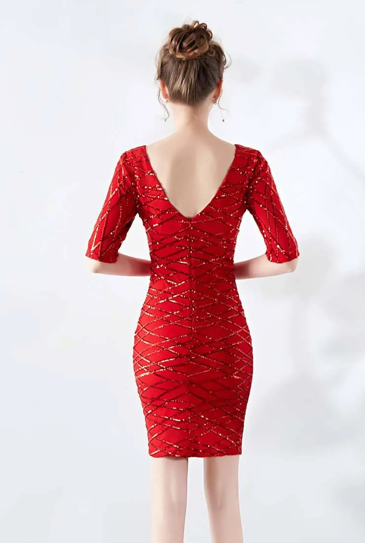 V-neck Sequin Sheath Midi Cocktail Dress