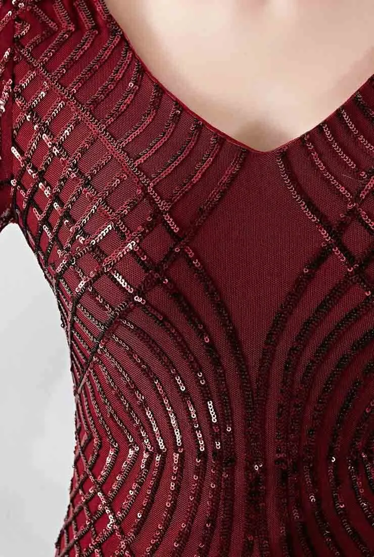 V-neck Sequin Sheath Midi Cocktail Dress