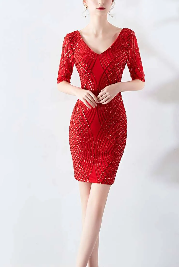 V-neck Sequin Sheath Midi Cocktail Dress