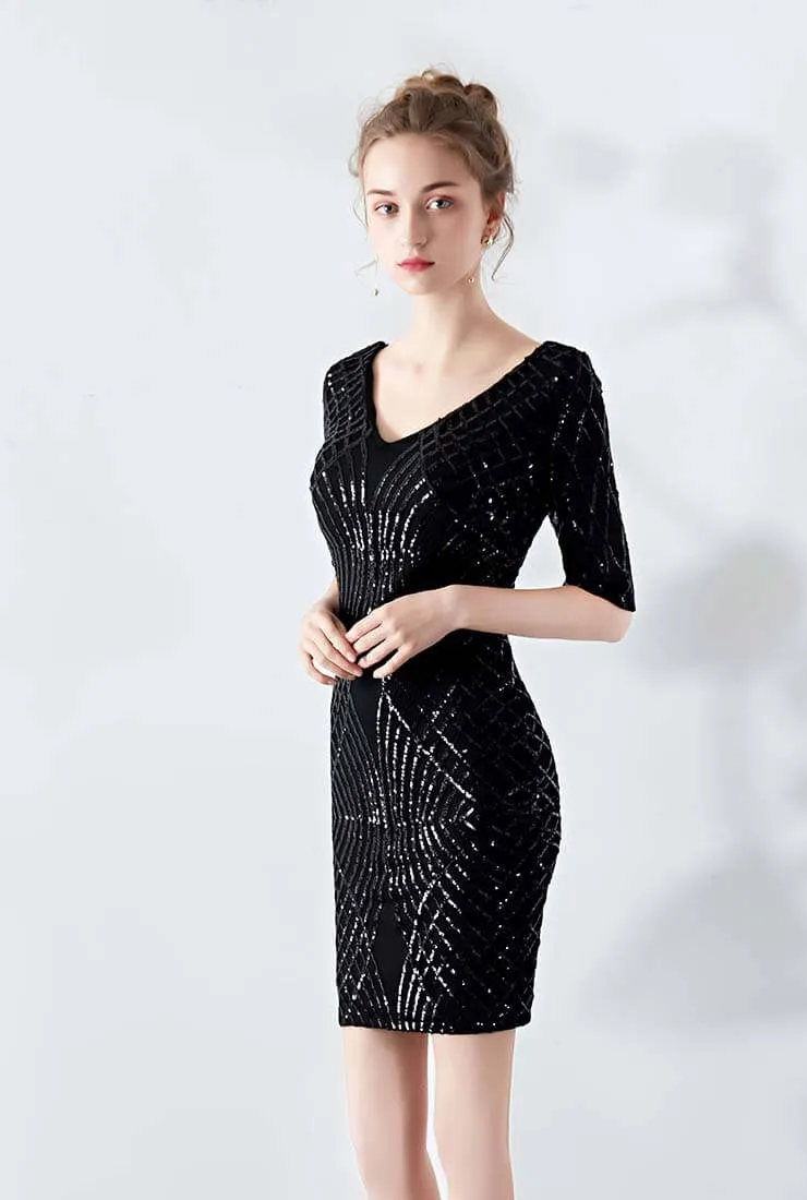 V-neck Sequin Sheath Midi Cocktail Dress
