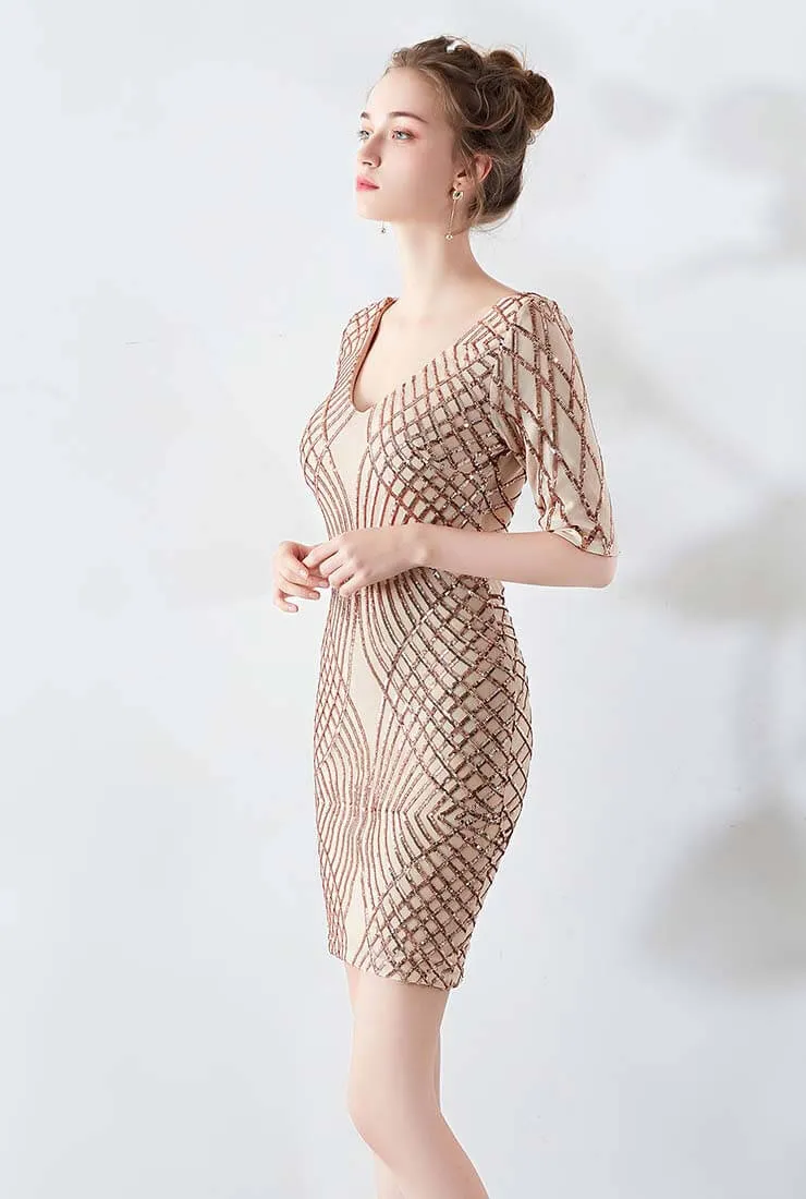 V-neck Sequin Sheath Midi Cocktail Dress