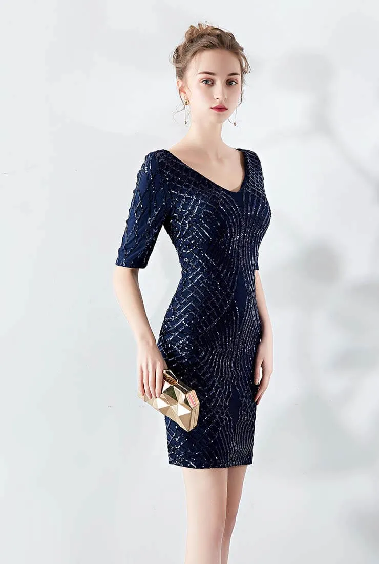 V-neck Sequin Sheath Midi Cocktail Dress