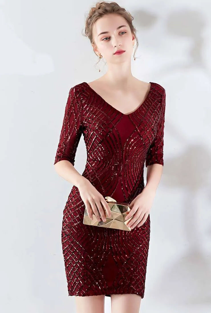 V-neck Sequin Sheath Midi Cocktail Dress