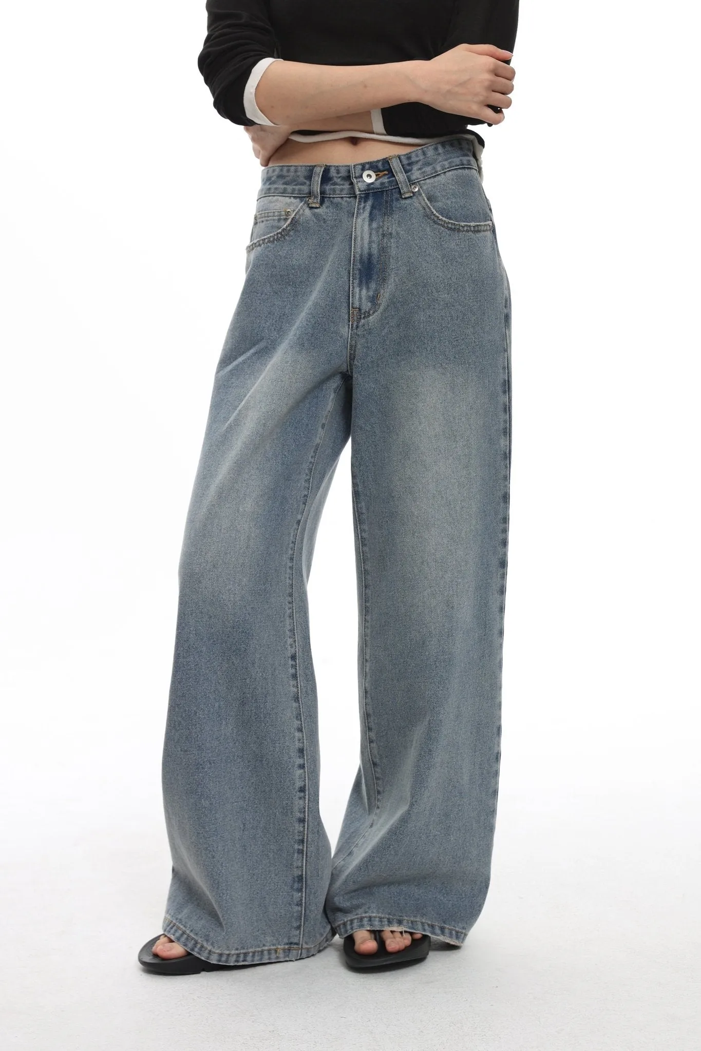 Washed Raw Edge Wide Leg Denim Pants In Blue