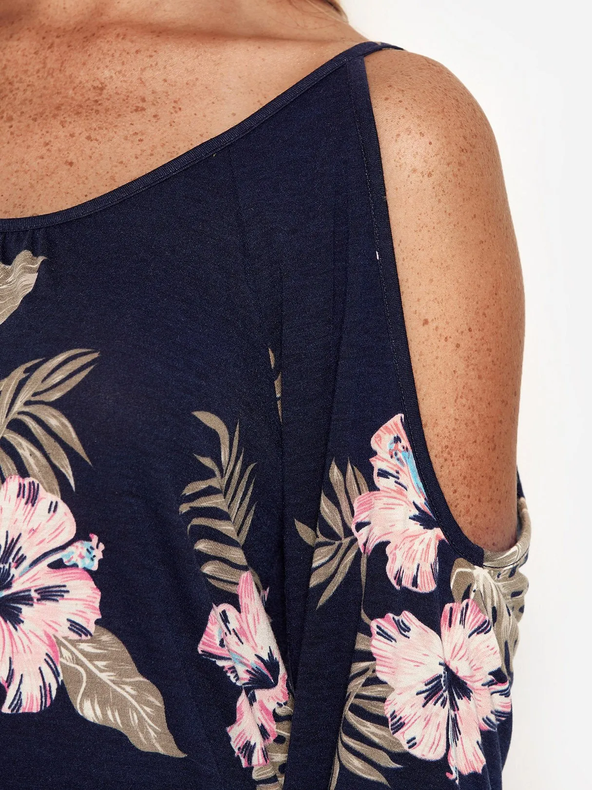 Wholesale Navy Round Neck Cold Shoulder Long Sleeve Floral Print T-Shirts