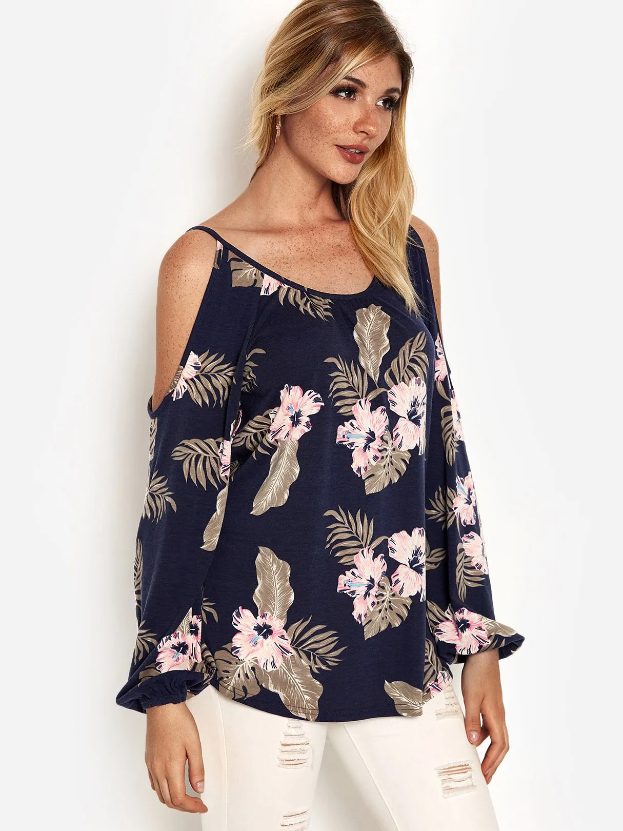 Wholesale Navy Round Neck Cold Shoulder Long Sleeve Floral Print T-Shirts