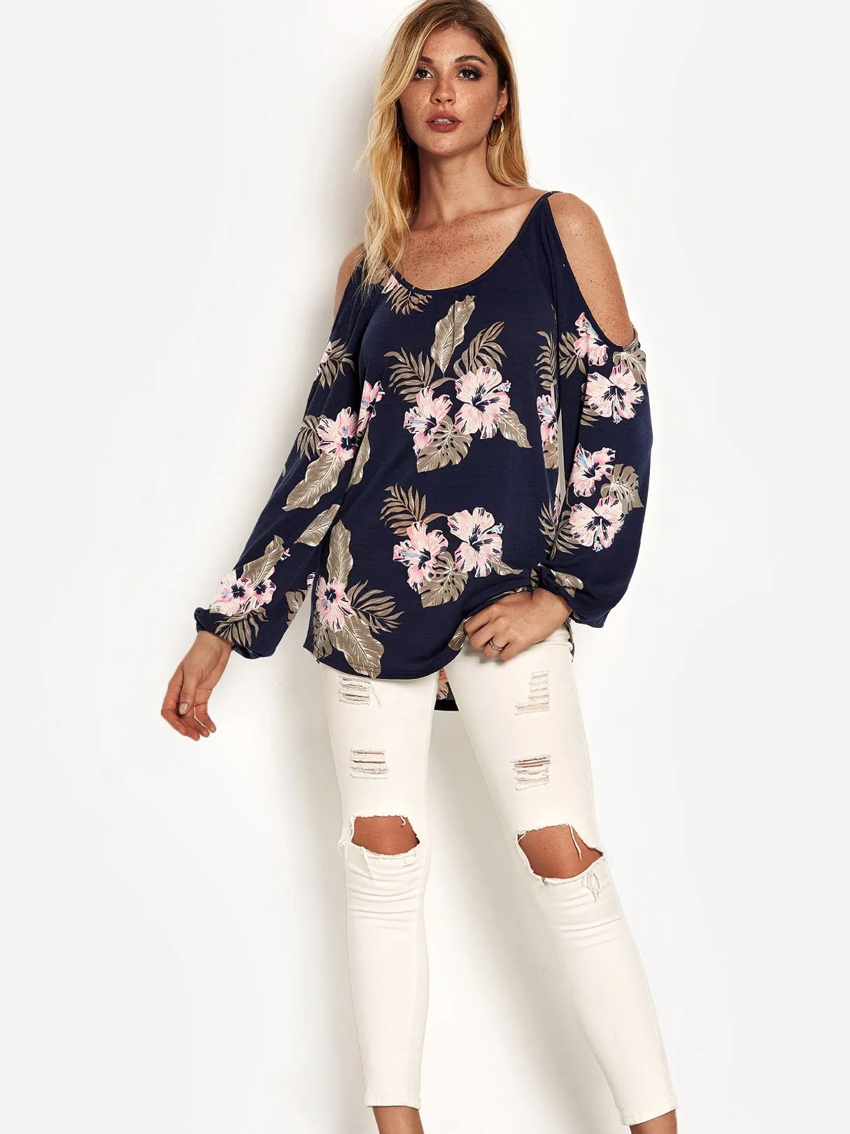 Wholesale Navy Round Neck Cold Shoulder Long Sleeve Floral Print T-Shirts