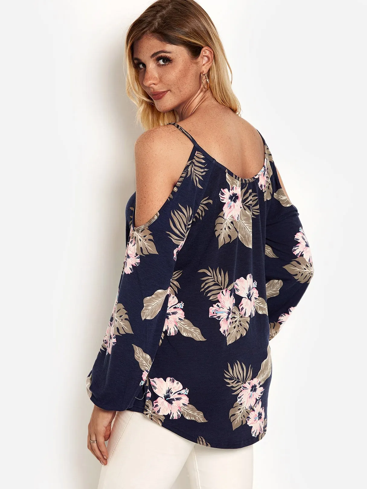 Wholesale Navy Round Neck Cold Shoulder Long Sleeve Floral Print T-Shirts