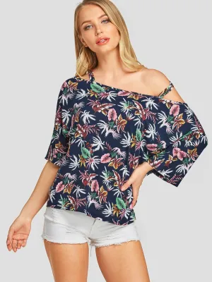 Wholesale Off The Shoulder Floral Print Backless 3/4 Sleeve Navy T-Shirts