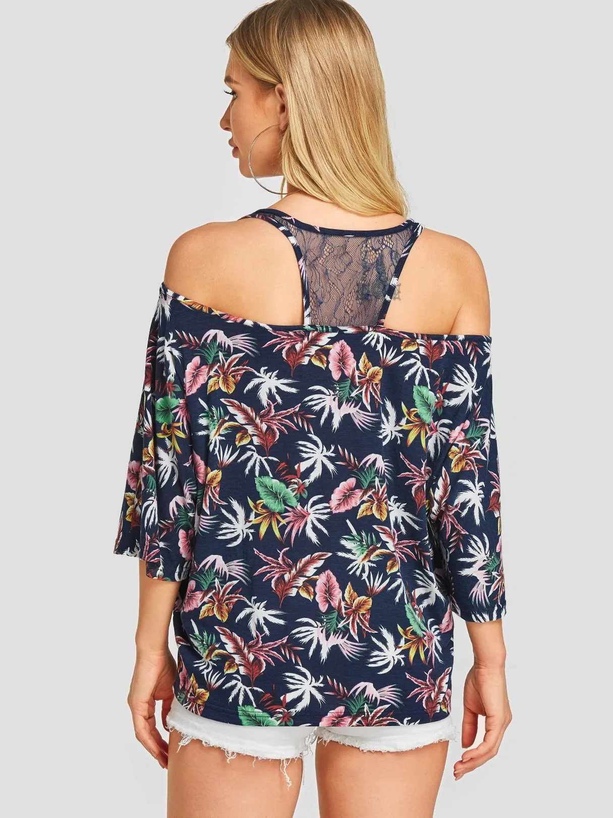 Wholesale Off The Shoulder Floral Print Backless 3/4 Sleeve Navy T-Shirts