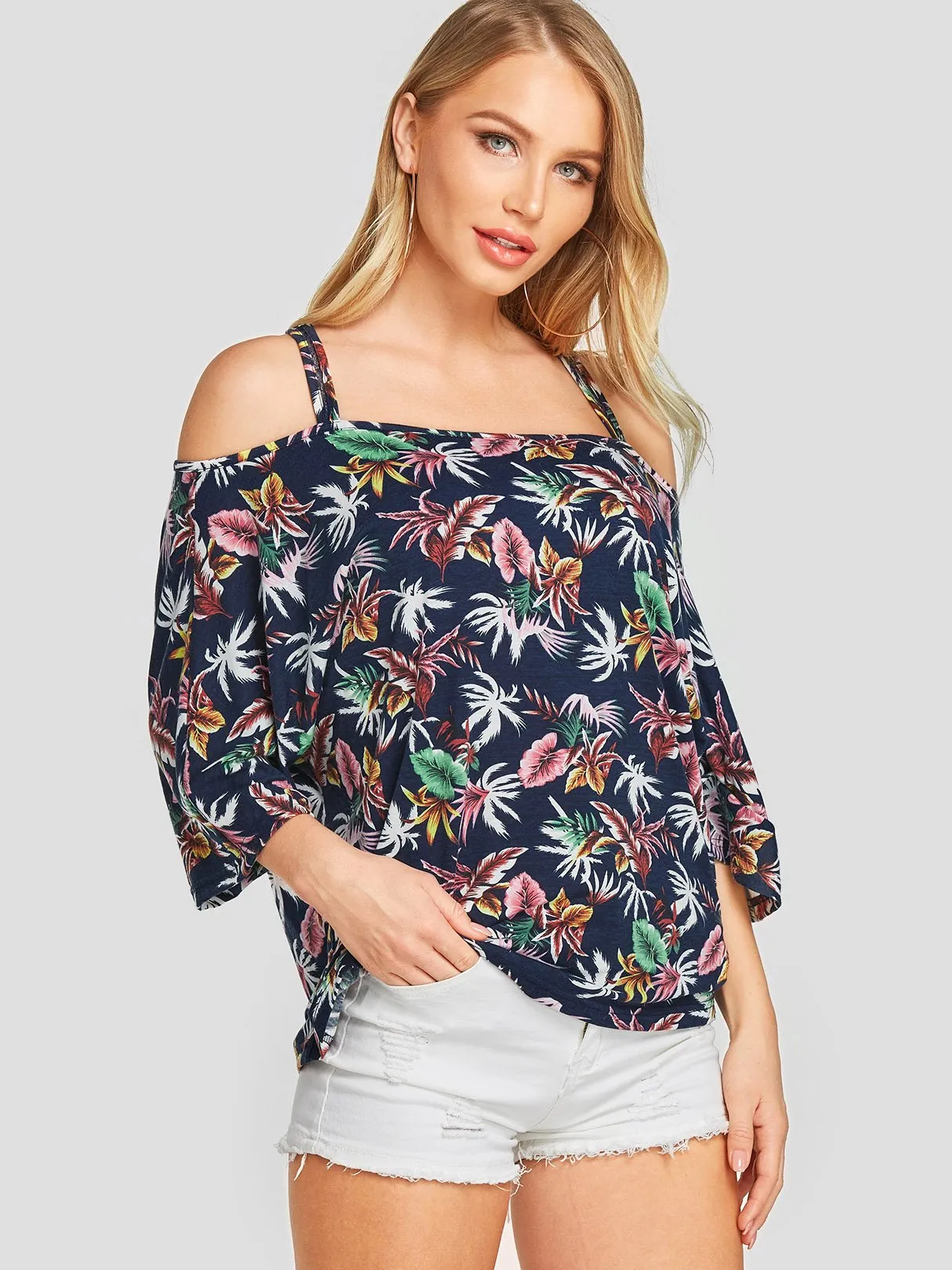 Wholesale Off The Shoulder Floral Print Backless 3/4 Sleeve Navy T-Shirts