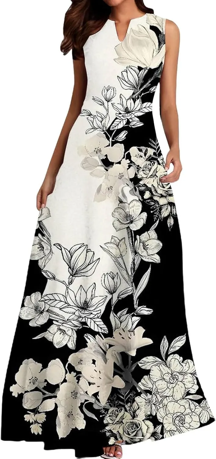 Women Floral Print Maxi Dresses Sleeveless V Neck Dress Casual Flowy Beach Long Sundress 2025 Summer Vacation Outfits