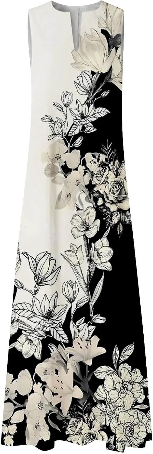 Women Floral Print Maxi Dresses Sleeveless V Neck Dress Casual Flowy Beach Long Sundress 2025 Summer Vacation Outfits
