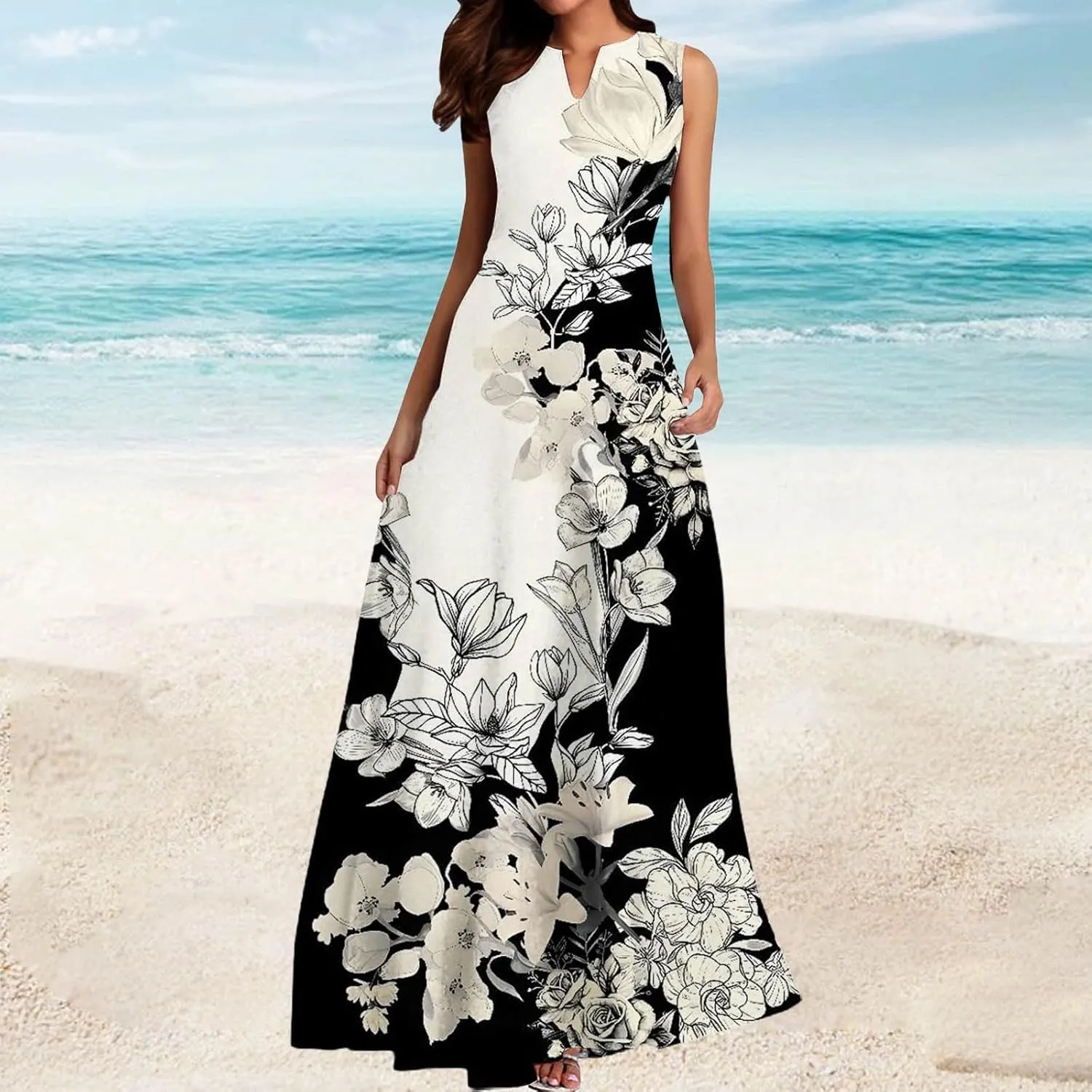 Women Floral Print Maxi Dresses Sleeveless V Neck Dress Casual Flowy Beach Long Sundress 2025 Summer Vacation Outfits