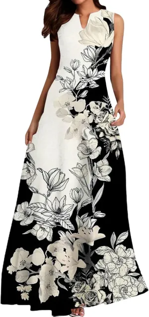 Women Floral Print Maxi Dresses Sleeveless V Neck Dress Casual Flowy Beach Long Sundress 2025 Summer Vacation Outfits