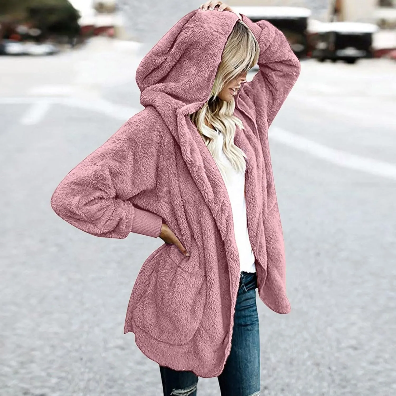 Women Hooded Cardigan Solid Oversized Open Front Hoodies Fleece Fuzzy Jacket 2024 Winter Warm Sherpa Coat With Pocket