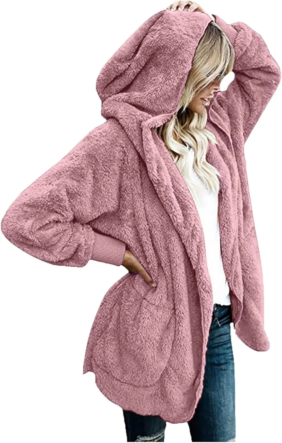 Women Hooded Cardigan Solid Oversized Open Front Hoodies Fleece Fuzzy Jacket 2024 Winter Warm Sherpa Coat With Pocket