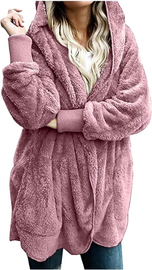 Women Hooded Cardigan Solid Oversized Open Front Hoodies Fleece Fuzzy Jacket 2024 Winter Warm Sherpa Coat With Pocket