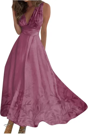 Womens Dresses Flowy Ruched Floral Print Boho Dress Wrap V Neck Sleeveless Sundress Elegant Beach Dresses