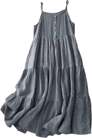 Women's Summer Cotton Linen Cami Dress Dressy Casual Plus Size Button Down Sun Dress Trendy Comfy Summer Lounge Outfits